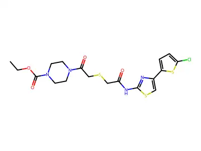 ethyl 4-[2-[2-[[4-(5-chlorothiophen-2-yl)-1,3-thiazol-2-yl]amino]-2-oxoethyl]sulfanylacetyl]piperazine-1-carboxylate structure