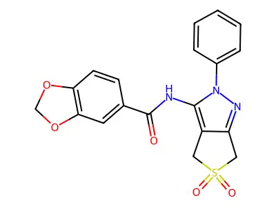N-(5,5-dioxo-2-phenyl-4,6-dihydrothieno[3,4-c]pyrazol-3-yl)-1,3-benzodioxole-5-carboxamide structure