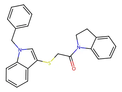 2-((1-benzyl-1H-indol-3-yl)thio)-1-(indolin-1-yl)ethanone structure