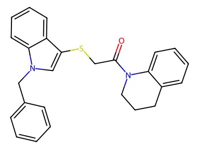 2-(1-benzylindol-3-yl)sulfanyl-1-(3,4-dihydro-2H-quinolin-1-yl)ethanone structure