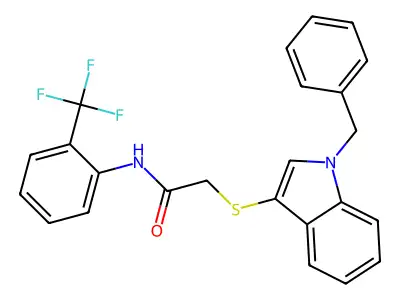 2-(1-benzylindol-3-yl)sulfanyl-N-[2-(trifluoromethyl)phenyl]acetamide structure