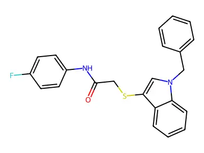 2-((1-benzyl-1H-indol-3-yl)thio)-N-(4-fluorophenyl)acetamide structure