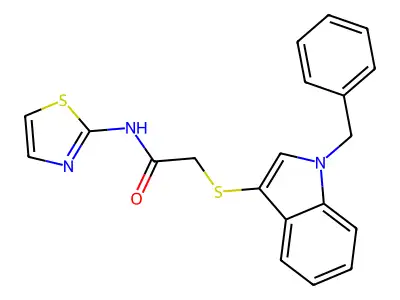 2-[[1-(phenylmethyl)-3-indolyl]thio]-N-(2-thiazolyl)acetamide structure