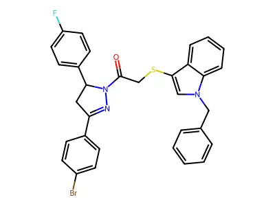 2-((1-benzyl-1H-indol-3-yl)thio)-1-(3-(4-bromophenyl)-5-(4-fluorophenyl)-4,5-dihydro-1H-pyrazol-1-yl)ethanone structure