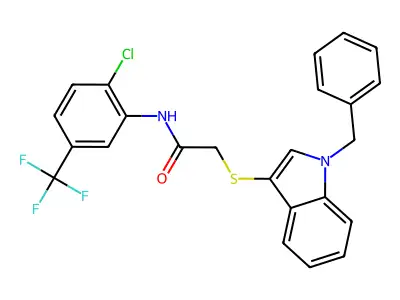 2-(1-benzylindol-3-yl)sulfanyl-N-[2-chloro-5-(trifluoromethyl)phenyl]acetamide structure