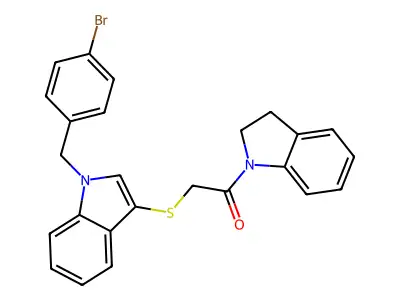 2-((1-(4-bromobenzyl)-1H-indol-3-yl)thio)-1-(indolin-1-yl)ethanone structure