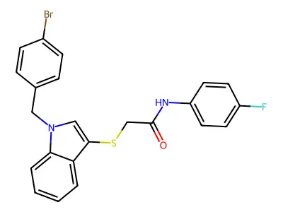 2-[1-[(4-bromophenyl)methyl]indol-3-yl]sulfanyl-N-(4-fluorophenyl)acetamide structure