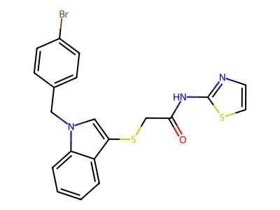 2-[1-[(4-bromophenyl)methyl]indol-3-yl]sulfanyl-N-(1,3-thiazol-2-yl)acetamide structure