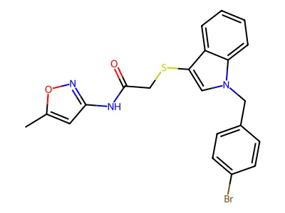 2-[1-[(4-bromophenyl)methyl]indol-3-yl]sulfanyl-N-(5-methyl-1,2-oxazol-3-yl)acetamide structure