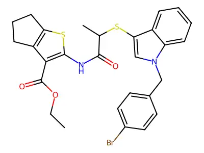 ethyl 2-(2-((1-(4-bromobenzyl)-1H-indol-3-yl)thio)propanamido)-5,6-dihydro-4H-cyclopenta[b]thiophene-3-carboxylate structure