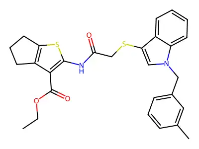 ethyl 2-(2-((1-(3-methylbenzyl)-1H-indol-3-yl)thio)acetamido)-5,6-dihydro-4H-cyclopenta[b]thiophene-3-carboxylate structure