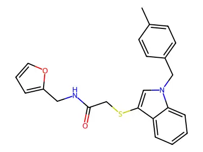N-(furan-2-ylmethyl)-2-[1-[(4-methylphenyl)methyl]indol-3-yl]sulfanylacetamide structure