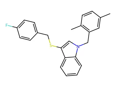 1-(2,5-dimethylbenzyl)-3-((4-fluorobenzyl)thio)-1H-indole structure