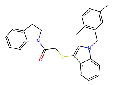 2-((1-(2,5-dimethylbenzyl)-1H-indol-3-yl)thio)-1-(indolin-1-yl)ethanone structure