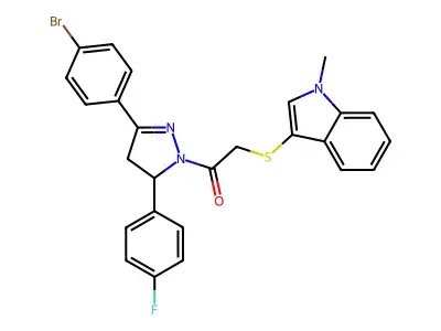1-(3-(4-bromophenyl)-5-(4-fluorophenyl)-4,5-dihydro-1H-pyrazol-1-yl)-2-((1-methyl-1H-indol-3-yl)thio)ethanone structure