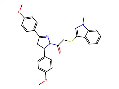 1-(3,5-bis(4-methoxyphenyl)-4,5-dihydro-1H-pyrazol-1-yl)-2-((1-methyl-1H-indol-3-yl)thio)ethanone structure