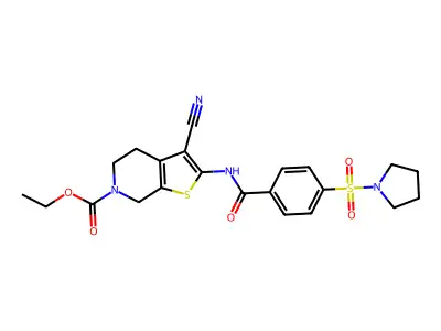 ethyl 3-cyano-2-(4-(pyrrolidin-1-ylsulfonyl)benzamido)-4,5-dihydrothieno[2,3-c]pyridine-6(7H)-carboxylate structure