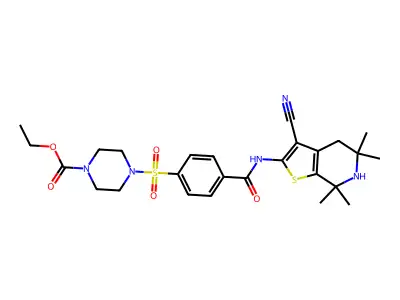 ethyl 4-((4-((3-cyano-5,5,7,7-tetramethyl-4,5,6,7-tetrahydrothieno[2,3-c]pyridin-2-yl)carbamoyl)phenyl)sulfonyl)piperazine-1-carboxylate structure