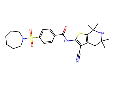 4-(azepane-1-sulfonyl)-N-{3-cyano-5,5,7,7-tetramethyl-4H,5H,6H,7H-thieno[2,3-c]pyridin-2-yl}benzamide structure