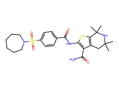 2-(4-(azepan-1-ylsulfonyl)benzamido)-5,5,7,7-tetramethyl-4,5,6,7-tetrahydrothieno[2,3-c]pyridine-3-carboxamide structure