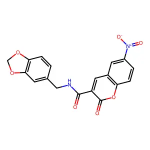 N-(benzo[d][1,3]dioxol-5-ylmethyl)-6-nitro-2-oxo-2H-chromene-3-carboxamide structure