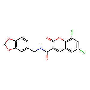 N-(1,3-benzodioxol-5-ylmethyl)-6,8-dichloro-2-oxochromene-3-carboxamide structure