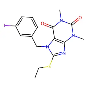 8-(ethylsulfanyl)-7-(3-iodobenzyl)-1,3-dimethyl-3,7-dihydro-1H-purine-2,6-dione structure
