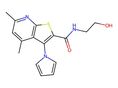 N-(2-hydroxyethyl)-4,6-dimethyl-3-(1H-pyrrol-1-yl)thieno[2,3-b]pyridine-2-carboxamide structure