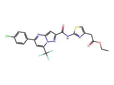 Ethyl (2-{[5-(4-chlorophenyl)-7-(trifluoromethyl)pyrazolo[1,5-a]pyrimidine-2-carbonyl]amino}-1,3-thiazol-4-yl)acetate structure