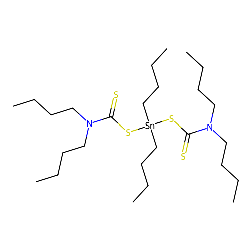 Dibutylbis((dibutylthiocarbamoyl)thio)stannane structure