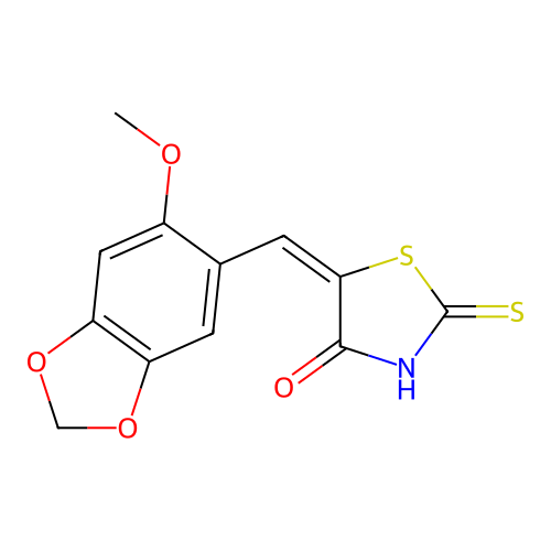 (5E)-5-[(6-methoxy-1,3-benzodioxol-5-yl)methylidene]-2-sulfanyl-1,3-thiazol-4(5H)-one structure
