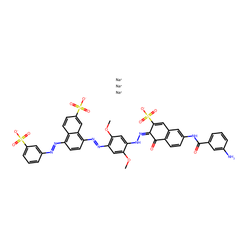 2-Naphthalenesulfonic acid, 7-((3-aminobenzoyl)amino)-3-((2,5-dimethoxy-4-((7-sulfo-4-((3-sulfophenyl)azo)-1-naphthalenyl)azo)phenyl)azo)-4-hydroxy-, trisodium salt structure