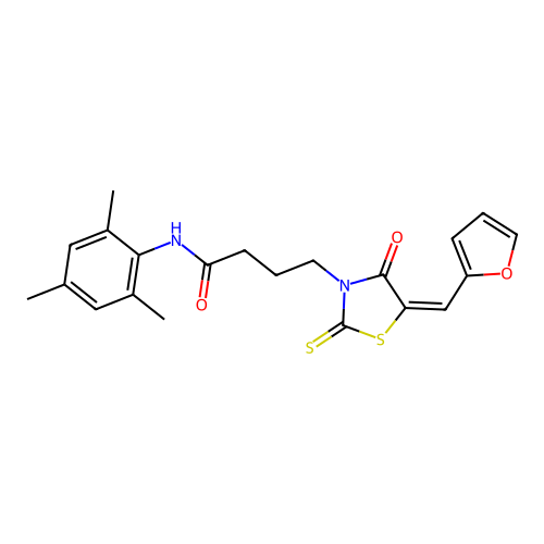 (E)-4-(5-(furan-2-ylmethylene)-4-oxo-2-thioxothiazolidin-3-yl)-N-mesitylbutanamide structure