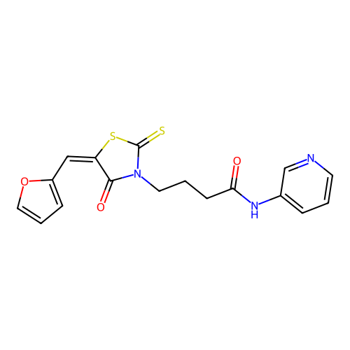 (E)-4-(5-(furan-2-ylmethylene)-4-oxo-2-thioxothiazolidin-3-yl)-N-(pyridin-3-yl)butanamide structure