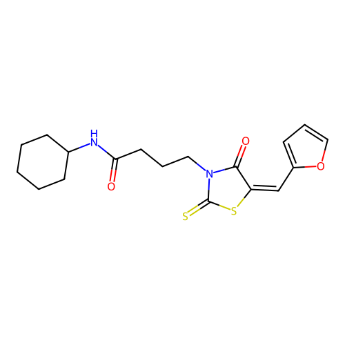 N-cyclohexyl-4-[(5E)-5-(furan-2-ylmethylidene)-4-oxo-2-sulfanylidene-1,3-thiazolidin-3-yl]butanamide structure