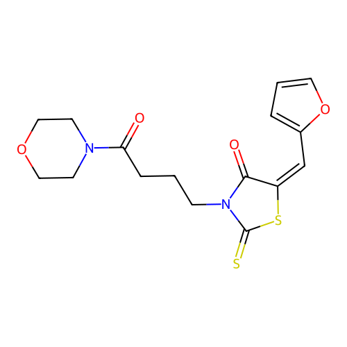 (E)-5-(furan-2-ylmethylene)-3-(4-morpholino-4-oxobutyl)-2-thioxothiazolidin-4-one structure