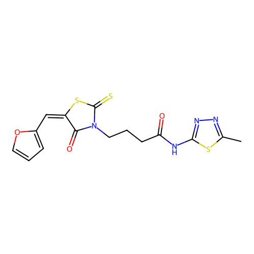 (E)-4-(5-(furan-2-ylmethylene)-4-oxo-2-thioxothiazolidin-3-yl)-N-(5-methyl-1,3,4-thiadiazol-2-yl)butanamide structure