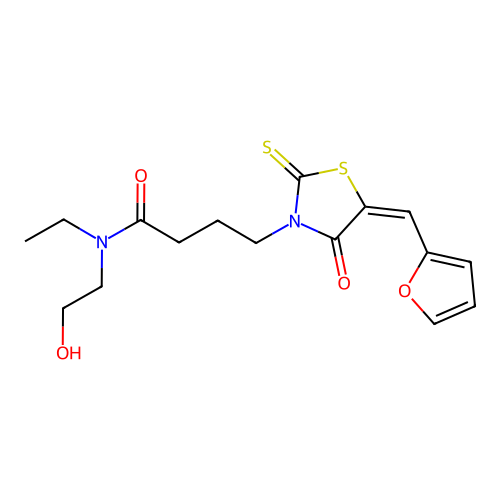 (E)-N-ethyl-4-(5-(furan-2-ylmethylene)-4-oxo-2-thioxothiazolidin-3-yl)-N-(2-hydroxyethyl)butanamide structure