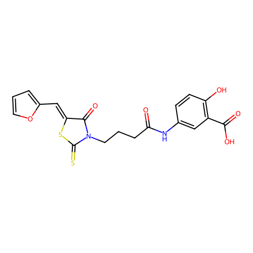 (Z)-5-(4-(5-(furan-2-ylmethylene)-4-oxo-2-thioxothiazolidin-3-yl)butanamido)-2-hydroxybenzoic acid structure