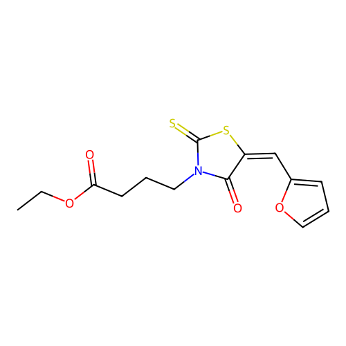 (E)-ethyl 4-(5-(furan-2-ylmethylene)-4-oxo-2-thioxothiazolidin-3-yl)butanoate structure