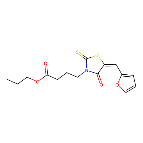 (E)-propyl 4-(5-(furan-2-ylmethylene)-4-oxo-2-thioxothiazolidin-3-yl)butanoate structure