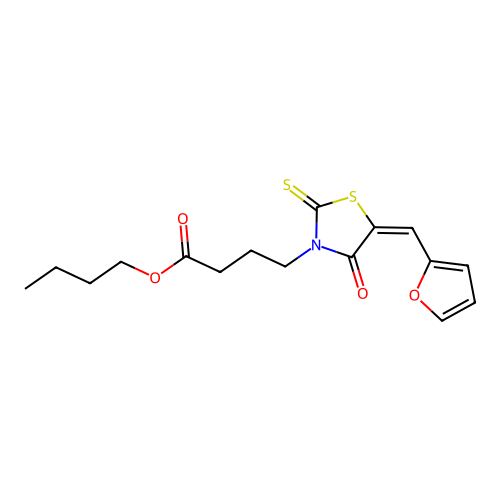 (E)-butyl 4-(5-(furan-2-ylmethylene)-4-oxo-2-thioxothiazolidin-3-yl)butanoate structure