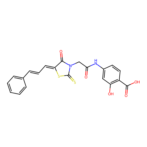 2-hydroxy-4-[({(5Z)-4-oxo-5-[(2E)-3-phenylprop-2-en-1-ylidene]-2-thioxo-1,3-thiazolidin-3-yl}acetyl)amino]benzoic acid structure