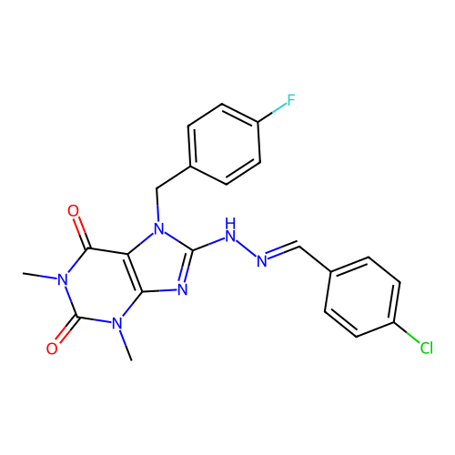 8-[(E)-2-[(4-chlorophenyl)methylidene]hydrazin-1-yl]-7-[(4-fluorophenyl)methyl]-1,3-dimethyl-2,3,6,7-tetrahydro-1H-purine-2,6-dione structure
