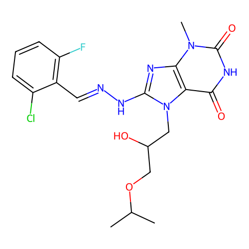 (E)-8-(2-(2-chloro-6-fluorobenzylidene)hydrazinyl)-7-(2-hydroxy-3-isopropoxypropyl)-3-methyl-1H-purine-2,6(3H,7H)-dione structure