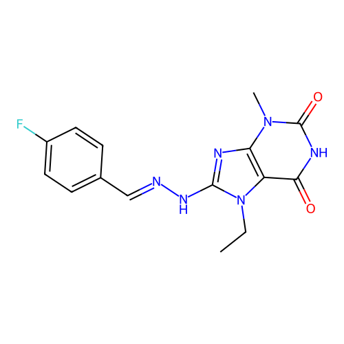 (E)-7-ethyl-8-(2-(4-fluorobenzylidene)hydrazinyl)-3-methyl-1H-purine-2,6(3H,7H)-dione structure