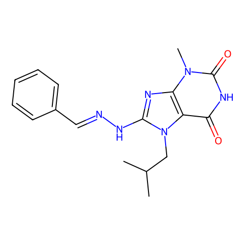 (E)-8-(2-benzylidenehydrazinyl)-7-isobutyl-3-methyl-1H-purine-2,6(3H,7H)-dione structure
