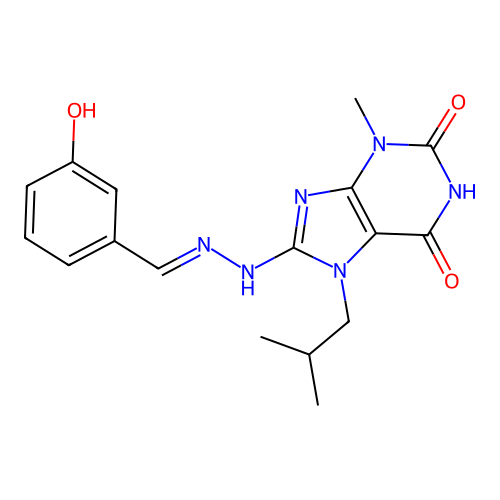 (E)-8-(2-(3-hydroxybenzylidene)hydrazinyl)-7-isobutyl-3-methyl-1H-purine-2,6(3H,7H)-dione structure