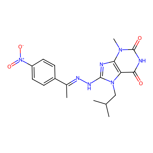 (E)-7-isobutyl-3-methyl-8-(2-(1-(4-nitrophenyl)ethylidene)hydrazinyl)-1H-purine-2,6(3H,7H)-dione structure