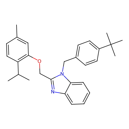 1-(4-(tert-butyl)benzyl)-2-((2-isopropyl-5-methylphenoxy)methyl)-1H-benzo[d]imidazole structure